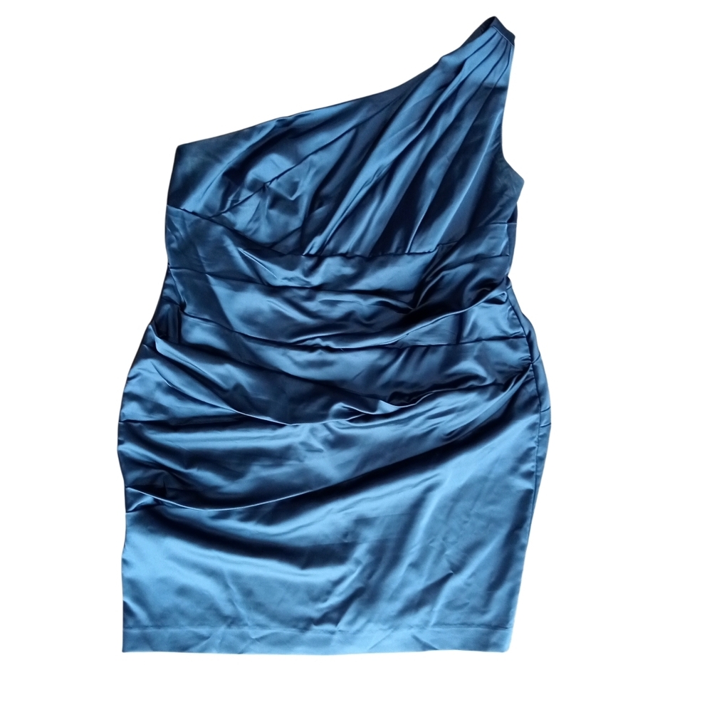 David's Bridal One-Shoulder Satin Dress in Rich Blue